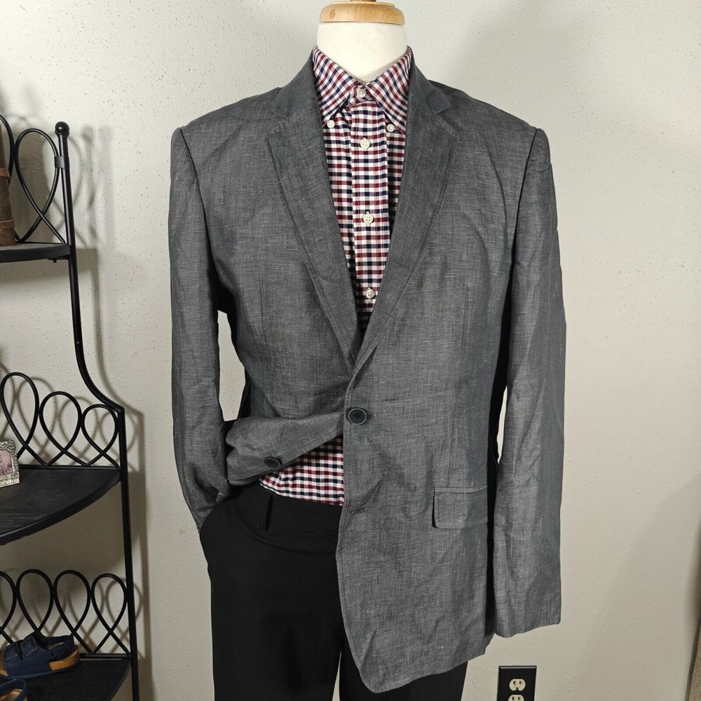 Pronto Uomo Blue Men's Sport Coat Blazer Two Button Gray Linen Cotton Size XL